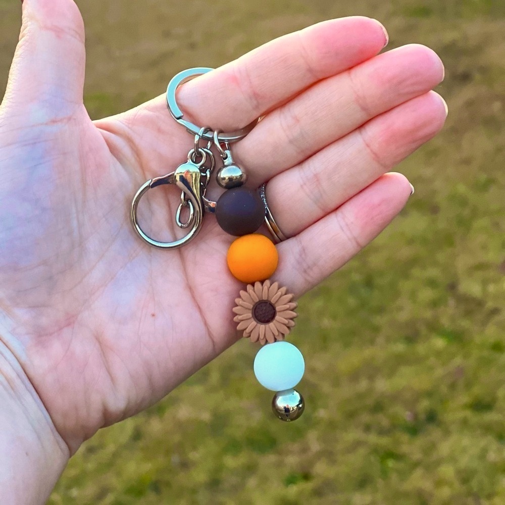 Handmade Silicone Bead Brown Sunflower Bar Keychain